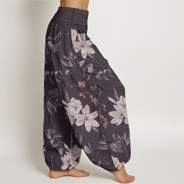 Pantalones harén de algodón puro con estampado floral y hojas de Buddha Stones para mujer, cintura elástica