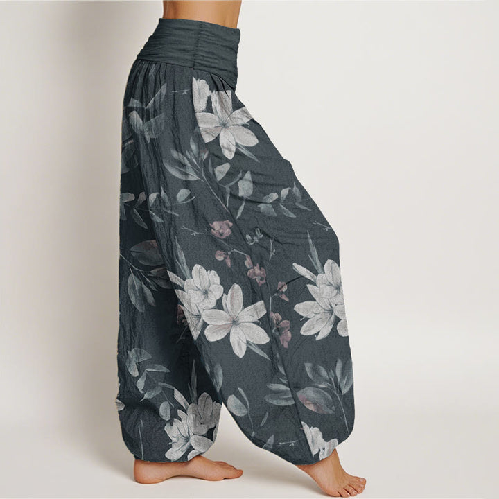Pantalones harén de algodón puro con estampado floral y hojas de Buddha Stones para mujer, cintura elástica