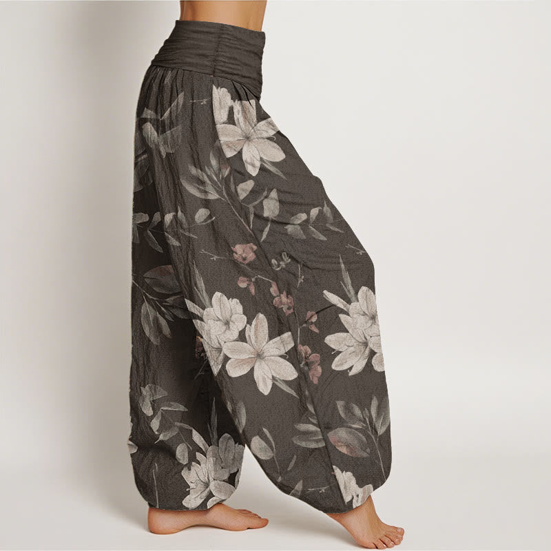 Pantalones harén de algodón puro con estampado floral y hojas de Buddha Stones para mujer, cintura elástica