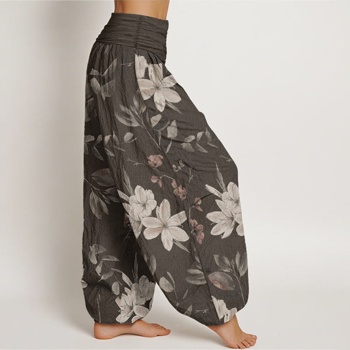 Pantalones harén de algodón puro con estampado floral y hojas de Buddha Stones para mujer, cintura elástica