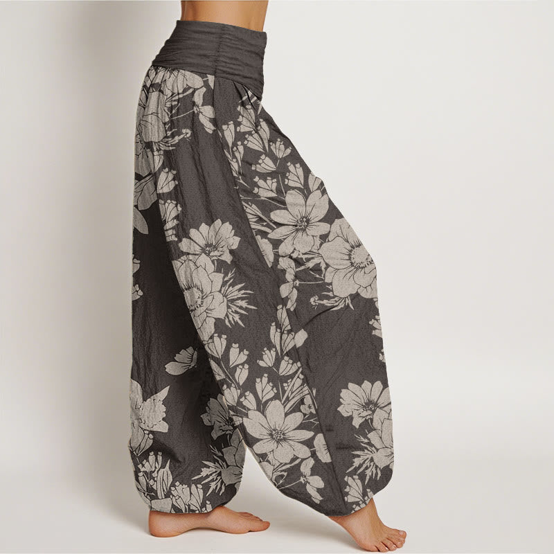 Pantalones Buddha Stones de algodón puro con diseño de hojas de peonía y cintura elástica para mujer