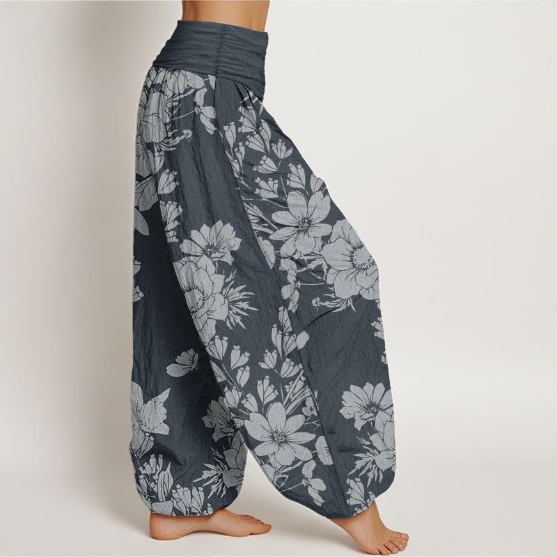 Pantalones Buddha Stones de algodón puro con diseño de hojas de peonía y cintura elástica para mujer