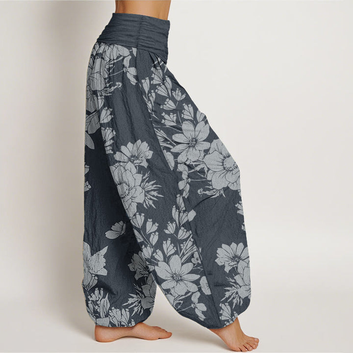 Pantalones Buddha Stones de algodón puro con diseño de hojas de peonía y cintura elástica para mujer