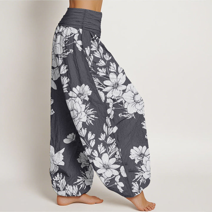 Pantalones Buddha Stones de algodón puro con diseño de hojas de peonía y cintura elástica para mujer