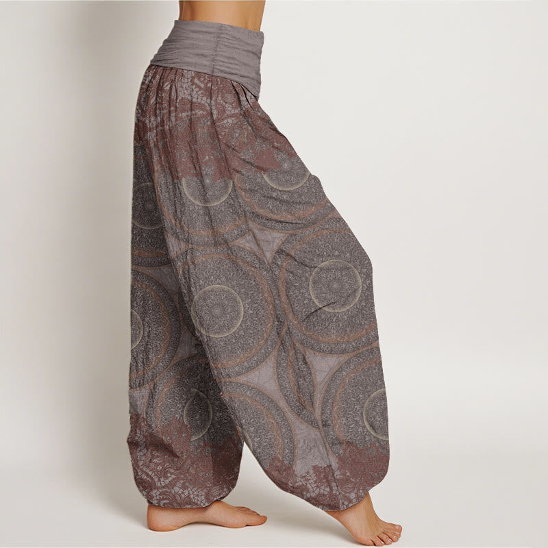 Buddha Stones harén de algodón puro con diseño de brújula y flores para mujer, estilo casual, con cintura elástica