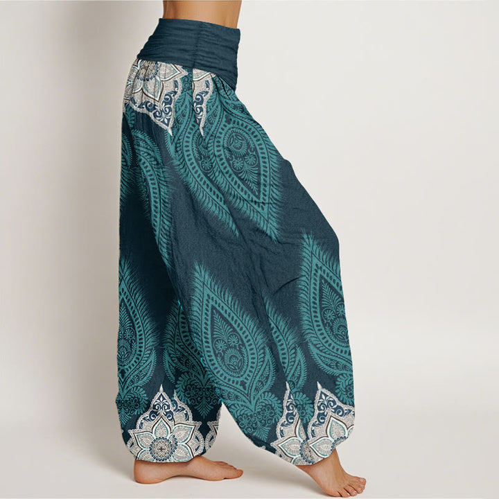 Pantalones Buddha Stones de algodón puro con diseño floral y plumas para mujer, cintura elástica - image 1