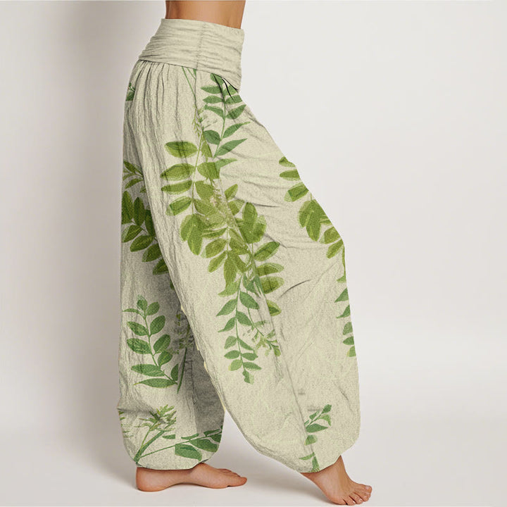 Pantalones Buddha Stones de algodón puro con hojas verdes y ramas para mujer, con cintura elástica