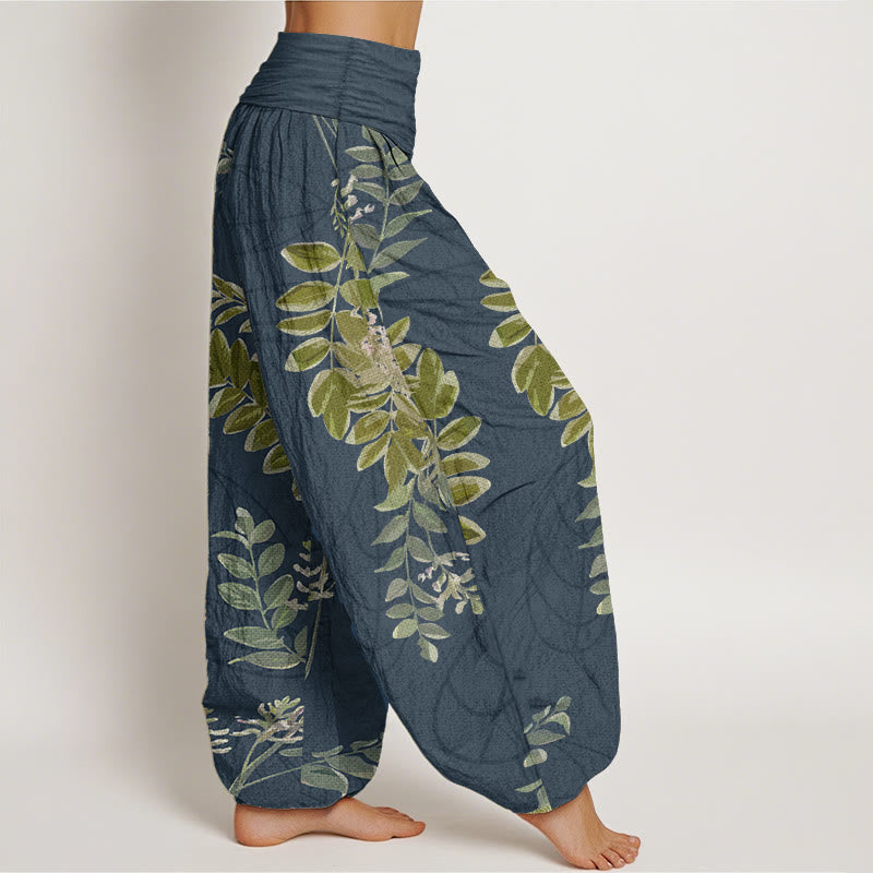 Pantalones Buddha Stones de algodón puro con hojas verdes y ramas para mujer, con cintura elástica