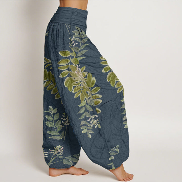 Pantalones Buddha Stones de algodón puro con hojas verdes y ramas para mujer, con cintura elástica