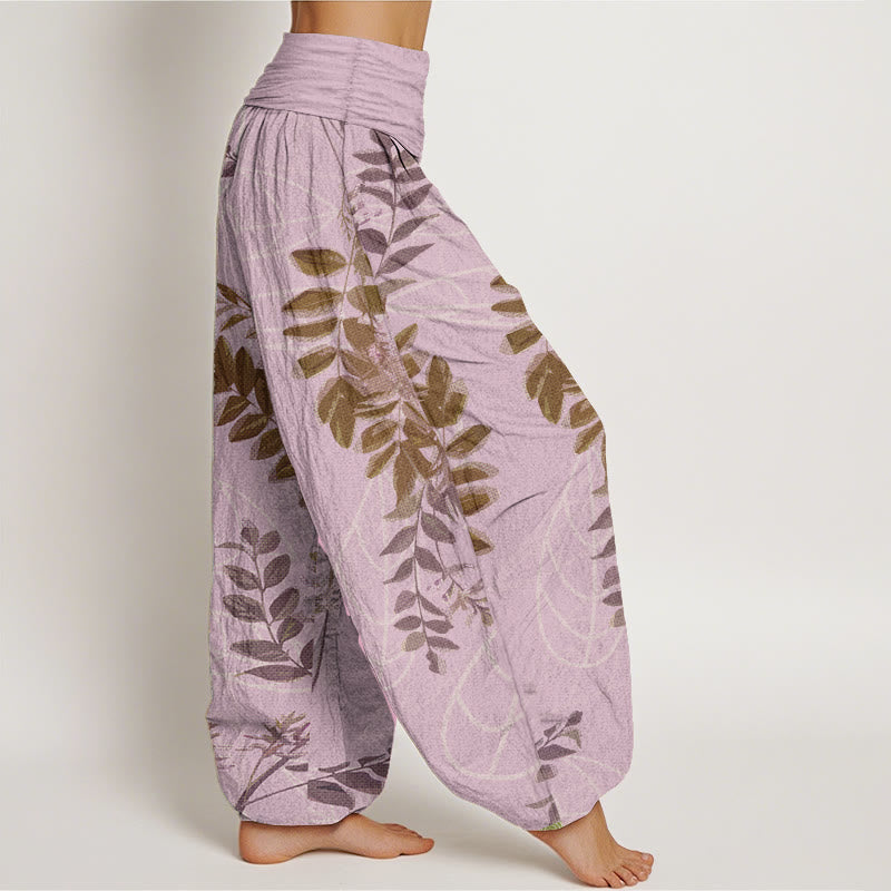 Pantalones Buddha Stones de algodón puro con hojas verdes y ramas para mujer, con cintura elástica