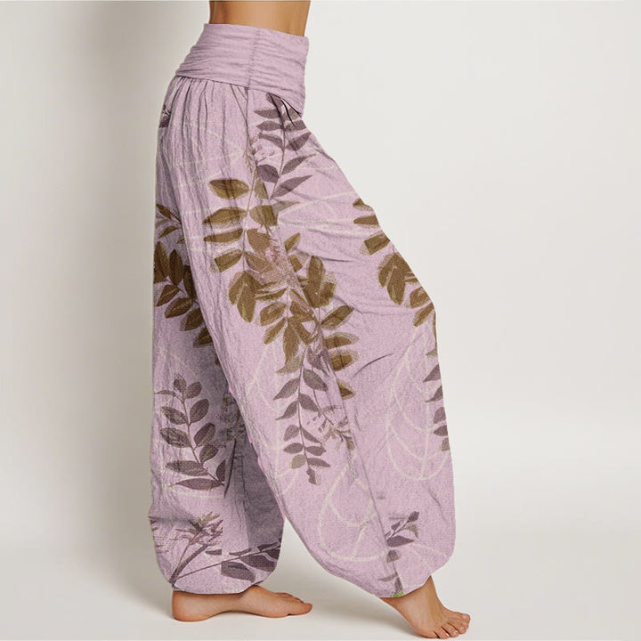 Pantalones Buddha Stones de algodón puro con hojas verdes y ramas para mujer, con cintura elástica