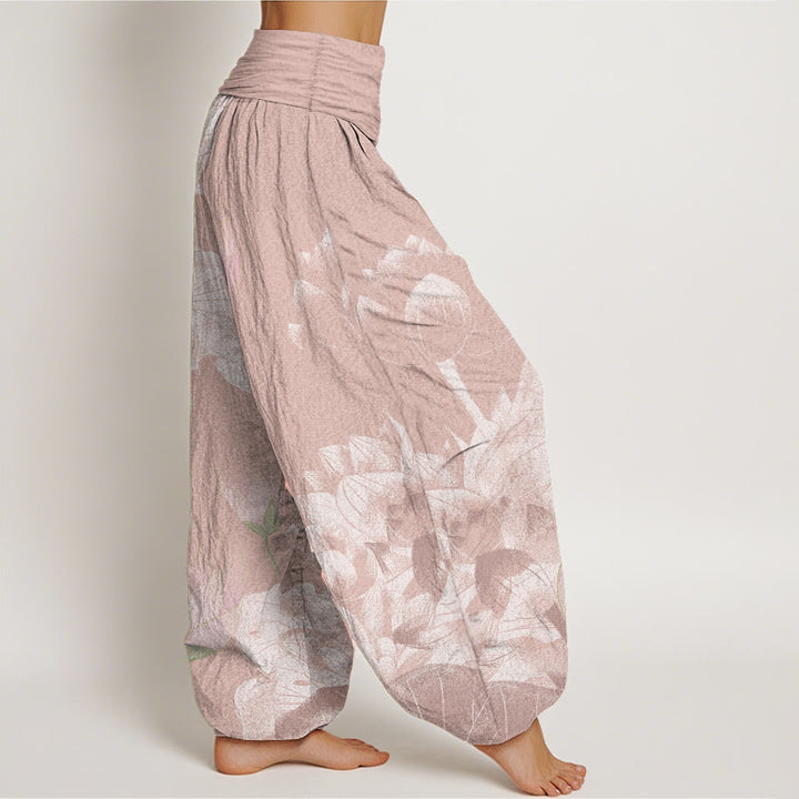 Pantalones harén de Buddha Stones puro con diseño de loto rosa y blanco para mujer, con cintura elástica - image 2