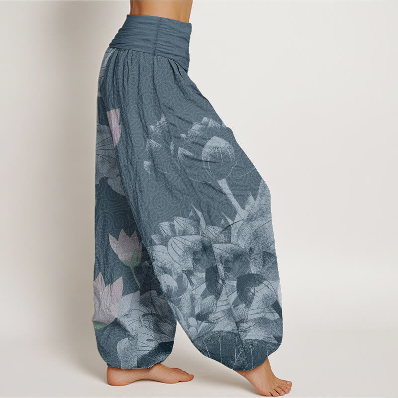 Pantalones harén de Buddha Stones puro con diseño de loto rosa y blanco para mujer, con cintura elástica - image 7