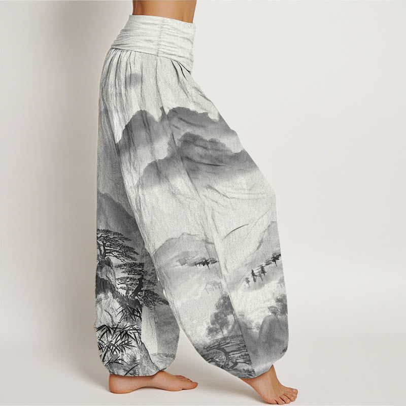 Pantalones harén de algodón puro con diseño de Buddha Stones, montañas, árboles y paisajes, con pintura en tinta, para mujer, con cintura elástica