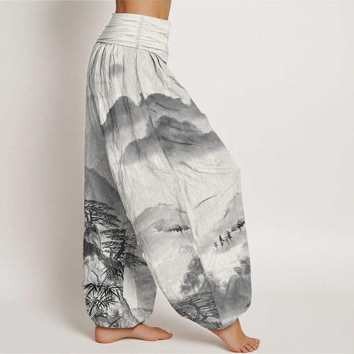 Pantalones harén de algodón puro con diseño de Buddha Stones, montañas, árboles y paisajes, con pintura en tinta, para mujer, con cintura elástica