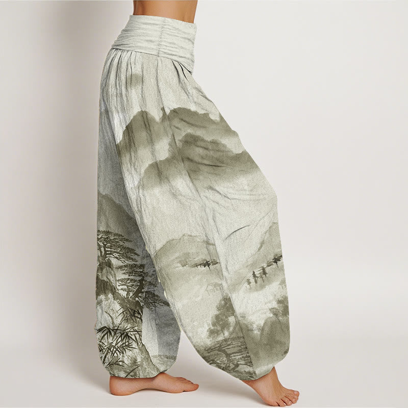 Pantalones harén de algodón puro con diseño de Buddha Stones, montañas, árboles y paisajes, con pintura en tinta, para mujer, con cintura elástica