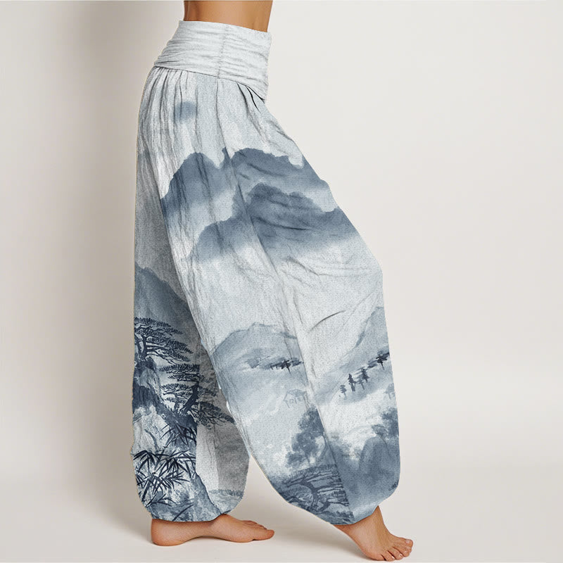 Pantalones harén de algodón puro con diseño de Buddha Stones, montañas, árboles y paisajes, con pintura en tinta, para mujer, con cintura elástica