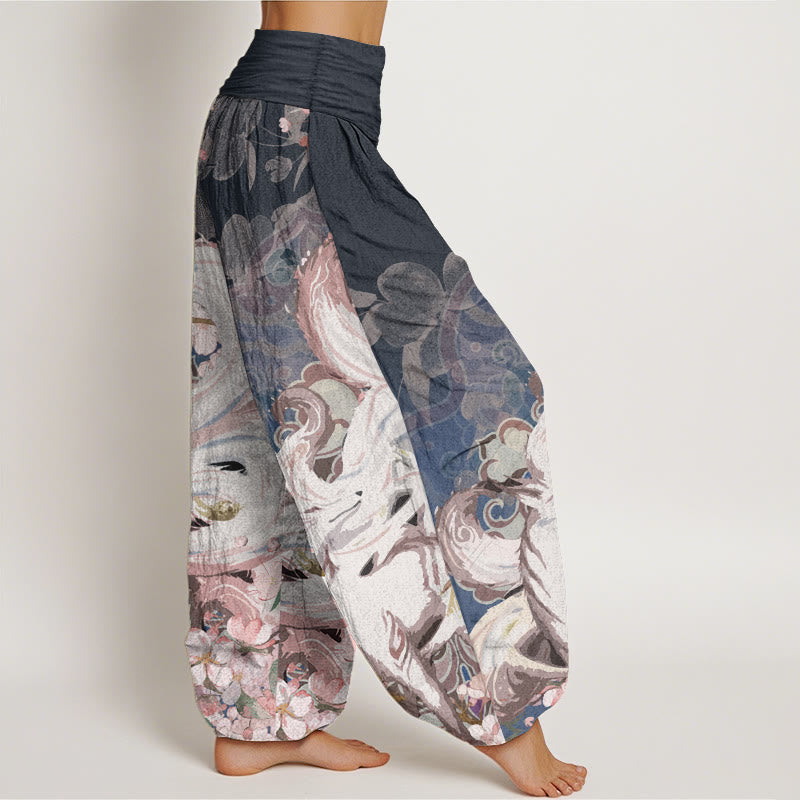 Pantalones Buddha Stones de algodón puro con estampado de zorro y flores de cerezo para mujer, con cintura elástica