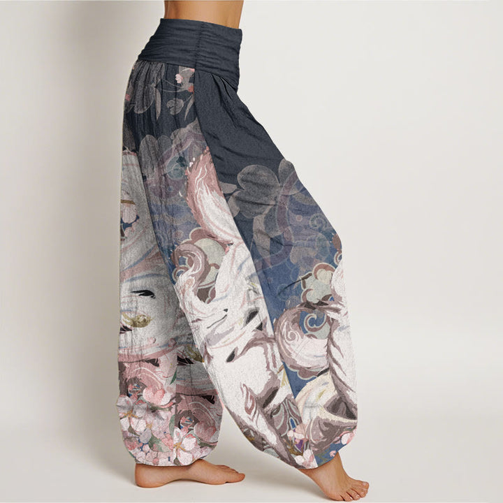 Pantalones Buddha Stones de algodón puro con estampado de zorro y flores de cerezo para mujer, con cintura elástica