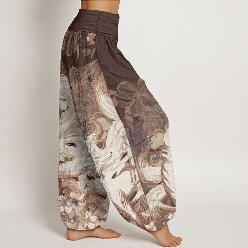 Pantalones Buddha Stones de algodón puro con estampado de zorro y flores de cerezo para mujer, con cintura elástica