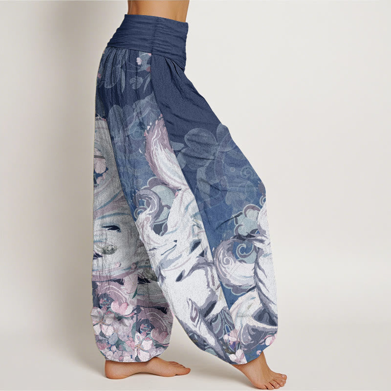 Pantalones Buddha Stones de algodón puro con estampado de zorro y flores de cerezo para mujer, con cintura elástica