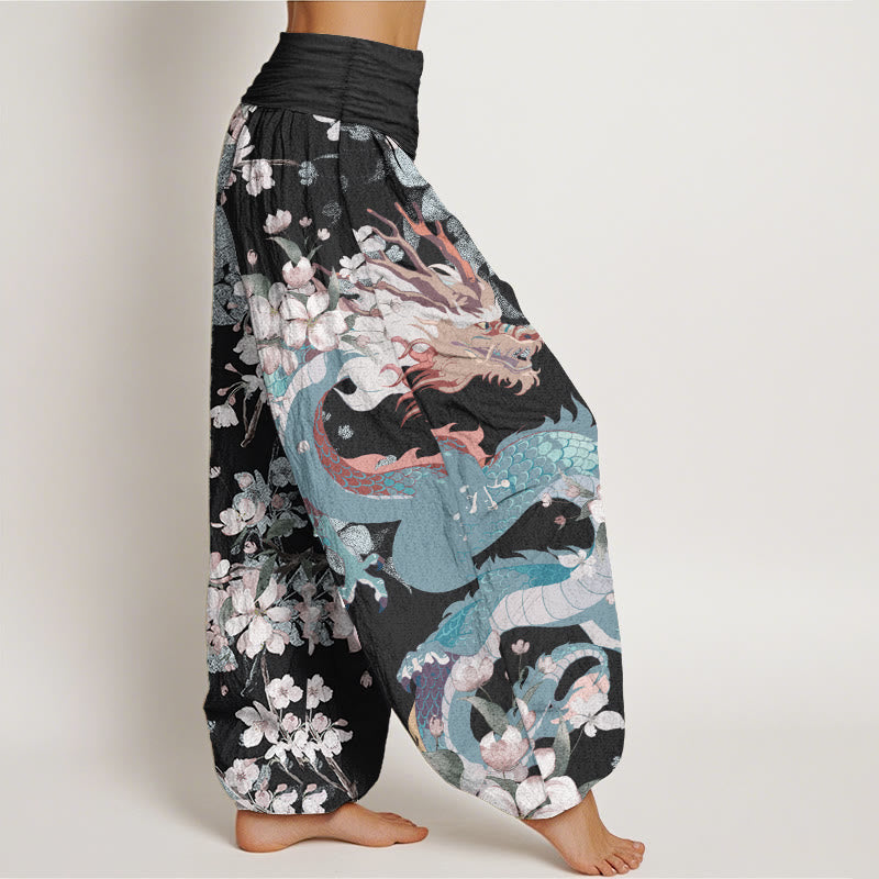 Pantalones Buddha Stones de algodón puro con estampado de flores de cerezo y dragón para mujer, cintura elástica