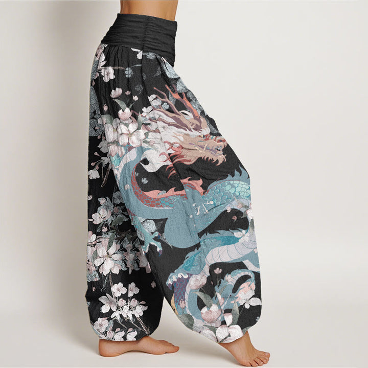 Pantalones Buddha Stones de algodón puro con estampado de flores de cerezo y dragón para mujer, cintura elástica