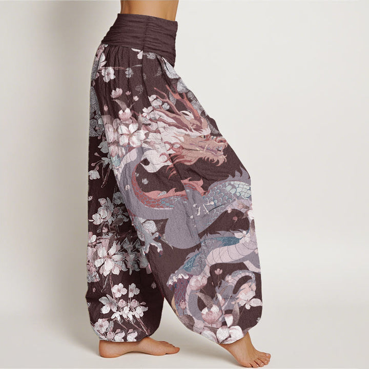 Pantalones Buddha Stones de algodón puro con estampado de flores de cerezo y dragón para mujer, cintura elástica