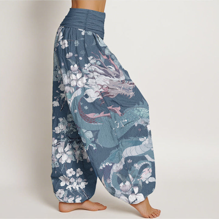 Pantalones Buddha Stones de algodón puro con estampado de flores de cerezo y dragón para mujer, cintura elástica