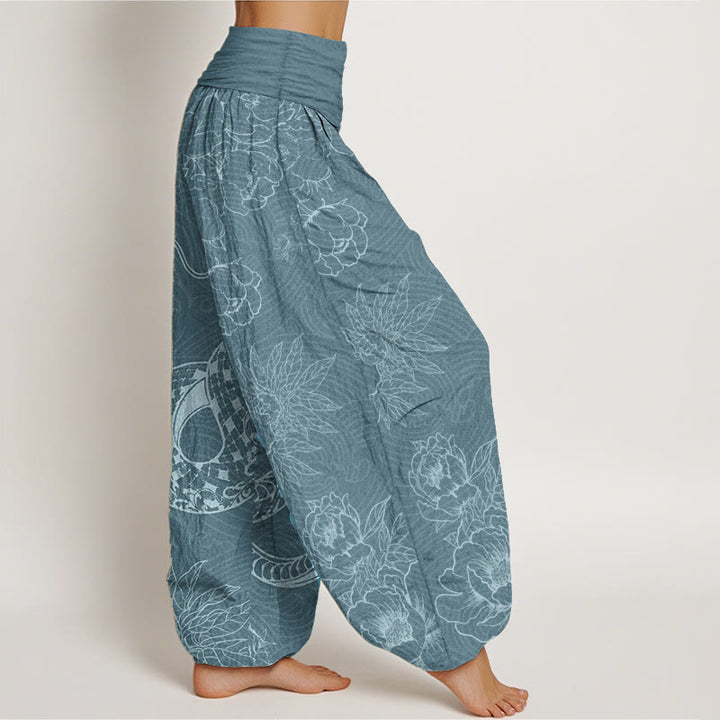 Pantalones harén de cintura elástica para mujer con diseño de serpiente y loto de algodón puro Buddha Stones
