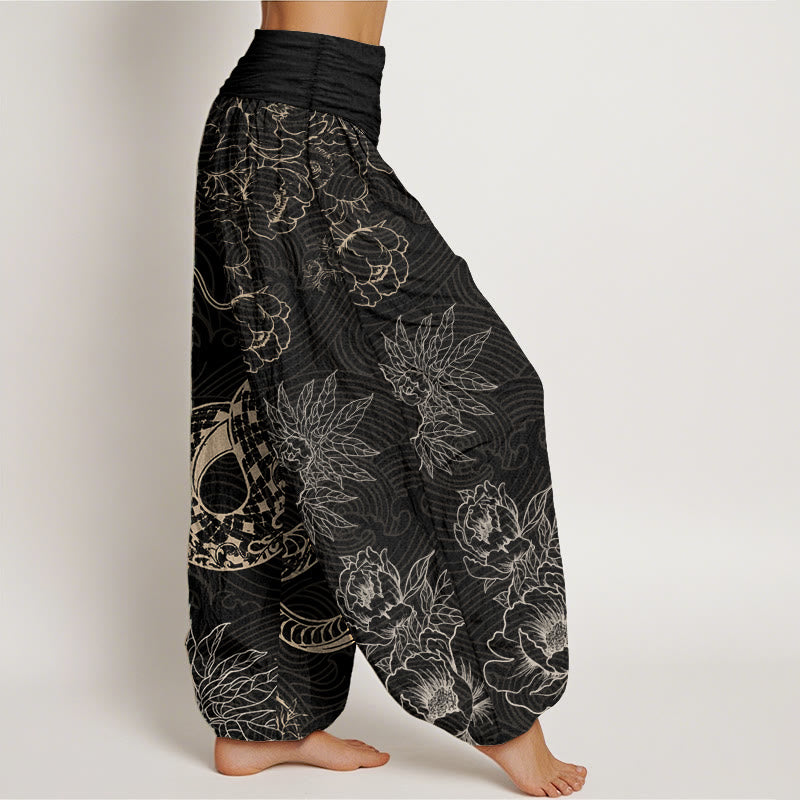 Pantalones harén de cintura elástica para mujer con diseño de serpiente y loto de algodón puro Buddha Stones