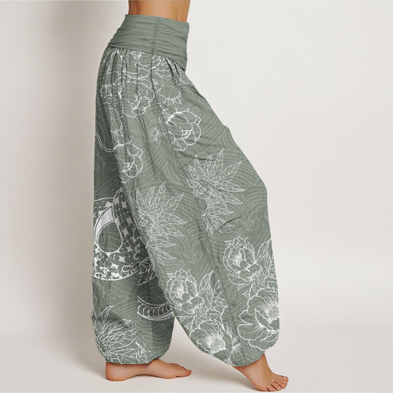 Pantalones harén de cintura elástica para mujer con diseño de serpiente y loto de algodón puro Buddha Stones