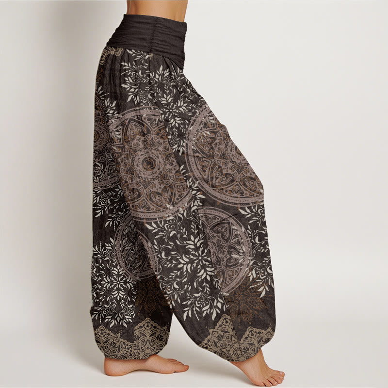 Pantalones harén de algodón puro con estampado de mandalas y Buddha Stones para mujer, cintura elástica