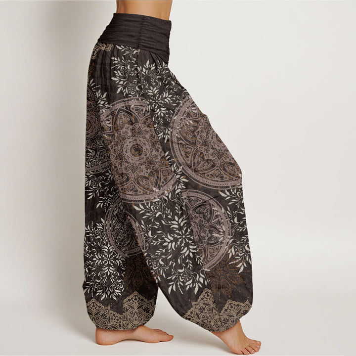 Pantalones harén de algodón puro con estampado de mandalas y Buddha Stones para mujer, cintura elástica