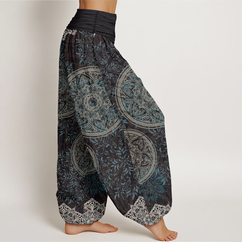 Pantalones harén de algodón puro con estampado de mandalas y Buddha Stones para mujer, cintura elástica