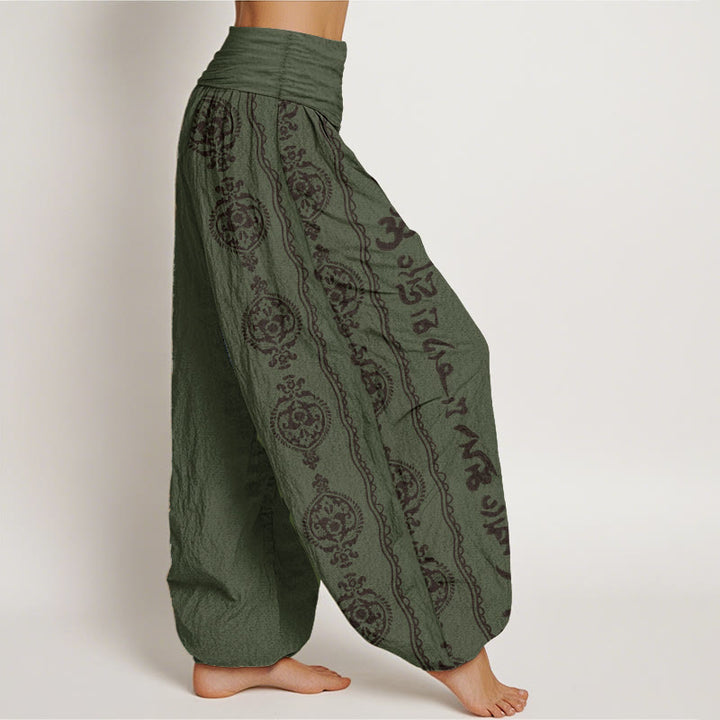 Pantalones harén de algodón puro con diseño de mandala Om Mani Padme Hum y Buddha Stones para mujer con cintura elástica