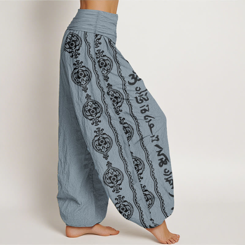 Pantalones harén de algodón puro con diseño de mandala Om Mani Padme Hum y Buddha Stones para mujer con cintura elástica
