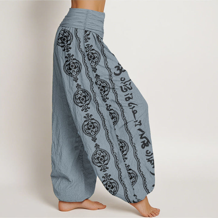 Pantalones harén de algodón puro con diseño de mandala Om Mani Padme Hum y Buddha Stones para mujer con cintura elástica