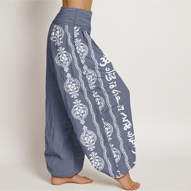 Pantalones harén de algodón puro con diseño de mandala Om Mani Padme Hum y Buddha Stones para mujer con cintura elástica