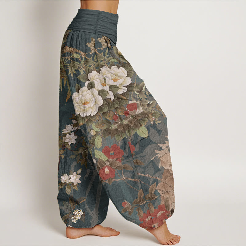 Pantalones Buddha Stones de algodón puro con estampado de flores de peonía y hojas de urraca para mujer, cintura elástica