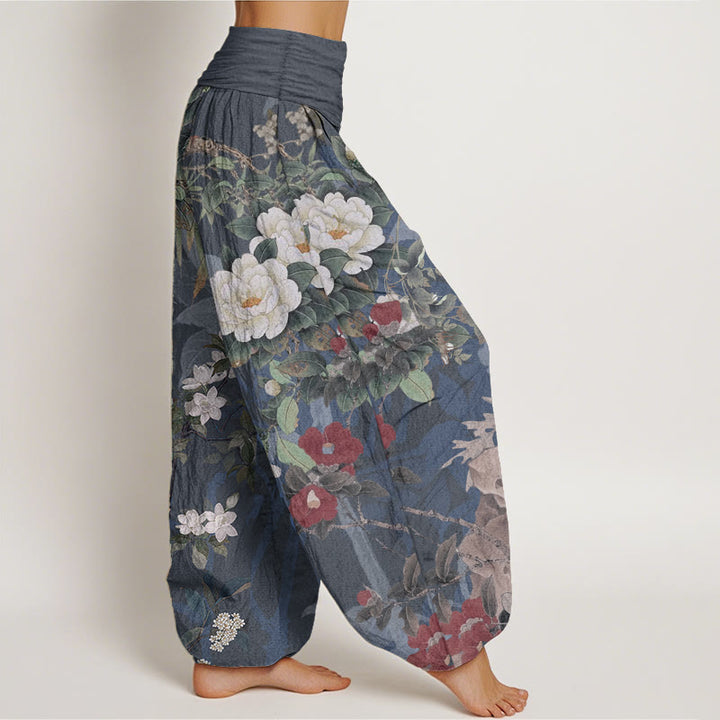 Pantalones Buddha Stones de algodón puro con estampado de flores de peonía y hojas de urraca para mujer, cintura elástica