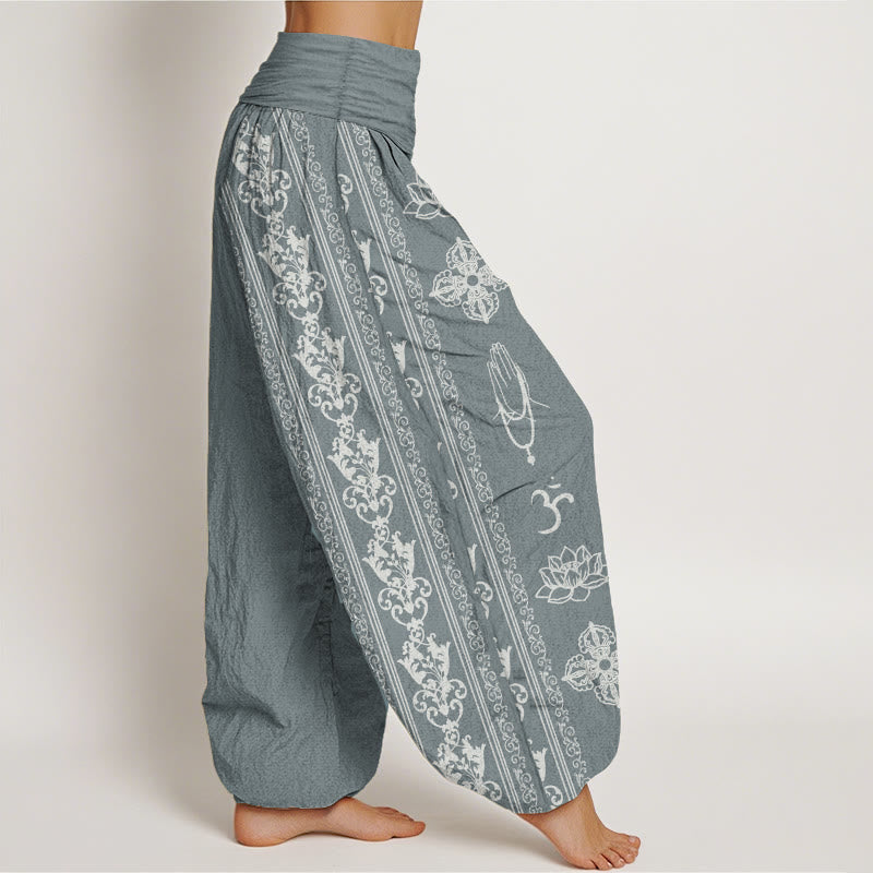 Pantalones Buddha Stones de algodón puro con diseño de flores de loto, doble dorje, vajra, Namaste y Om, con cintura elástica para mujer