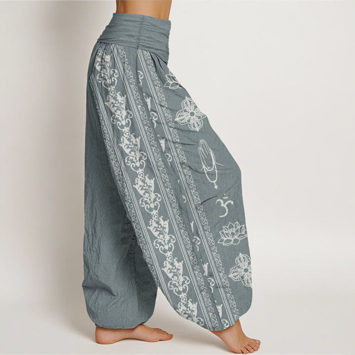Pantalones Buddha Stones de algodón puro con diseño de flores de loto, doble dorje, vajra, Namaste y Om, con cintura elástica para mujer