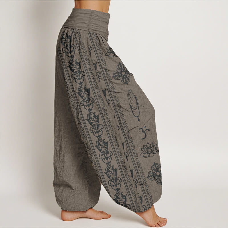 Pantalones Buddha Stones de algodón puro con diseño de flores de loto, doble dorje, vajra, Namaste y Om, con cintura elástica para mujer