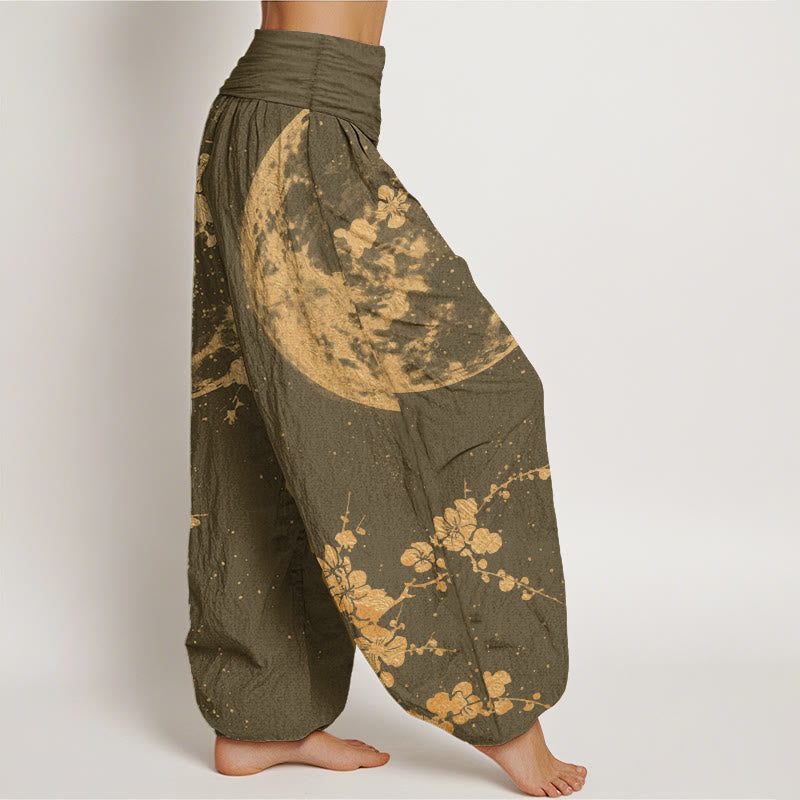 Pantalones Buddha Stones de algodón puro con estampado de flor de ciruelo dorado y luna llena para mujer, con cintura elástica