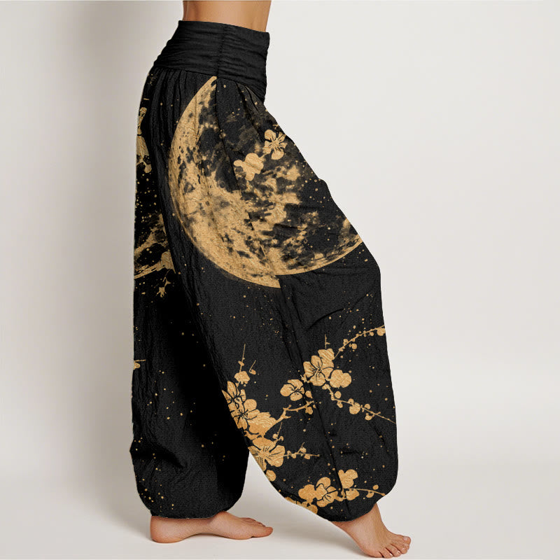 Pantalones Buddha Stones de algodón puro con estampado de flor de ciruelo dorado y luna llena para mujer, con cintura elástica