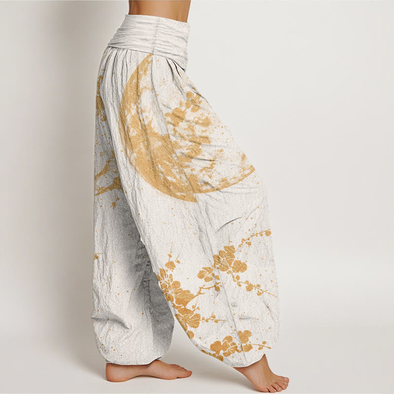 Pantalones Buddha Stones de algodón puro con estampado de flor de ciruelo dorado y luna llena para mujer, con cintura elástica
