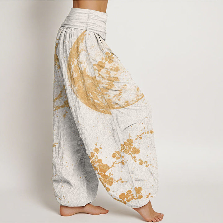 Pantalones Buddha Stones de algodón puro con estampado de flor de ciruelo dorado y luna llena para mujer, con cintura elástica