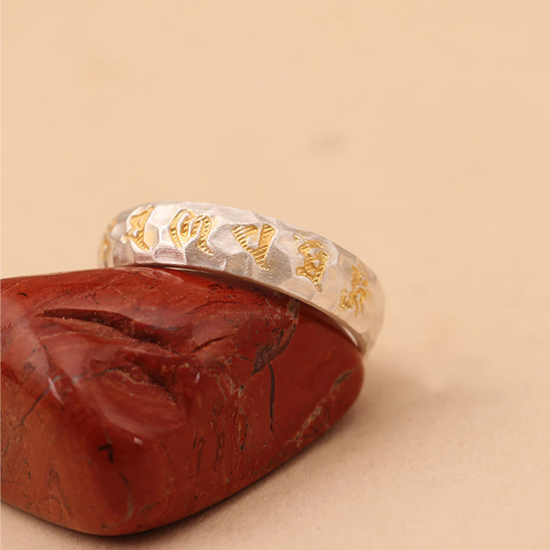 Anillo de la riqueza de plata bañada en cobre con diseño de martillo de Buddha Stones y Om Mani Padme Hum - image 14