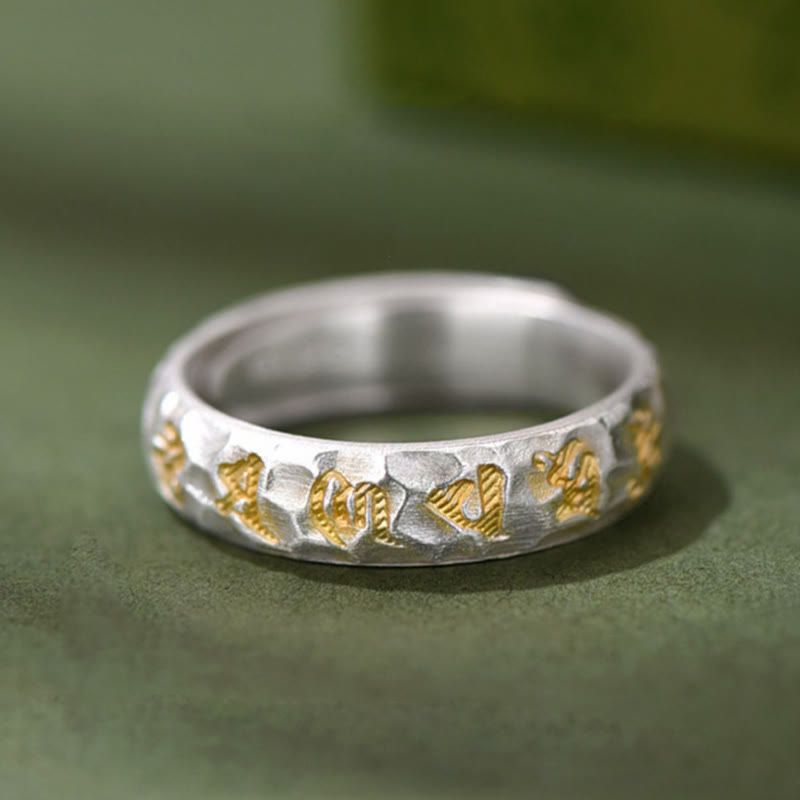 Anillo de la riqueza de plata bañada en cobre con diseño de martillo de Buddha Stones y Om Mani Padme Hum - image 5